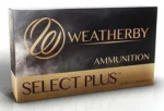 Weatherby Select Plus rifle ammunition, black and gold box, angled front view