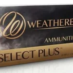 Weatherby Select Plus rifle ammunition, black and gold box, angled front view