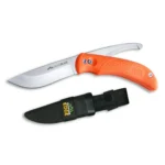 Outdoor Edge SwingBlade, open dual-blade knife with orange handle and black sheath