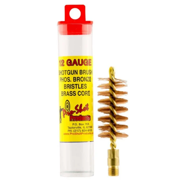 Pro-Shot Shotgun Bore Brush, gold-tone spiral brush beside a clear storage tube with yellow label