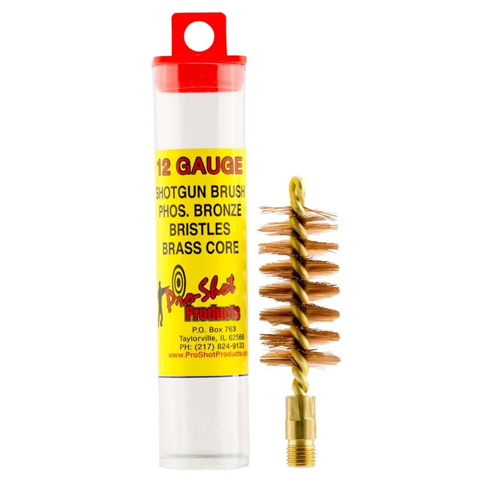 primary-53768 Pro-Shot Shotgun Bore Brush, gold-tone spiral brush beside a clear storage tube with yellow label