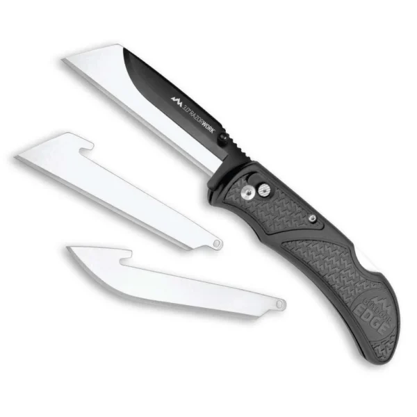 Outdoor Edge RazorWork Folding Knife, black open knife with three silver utility blades