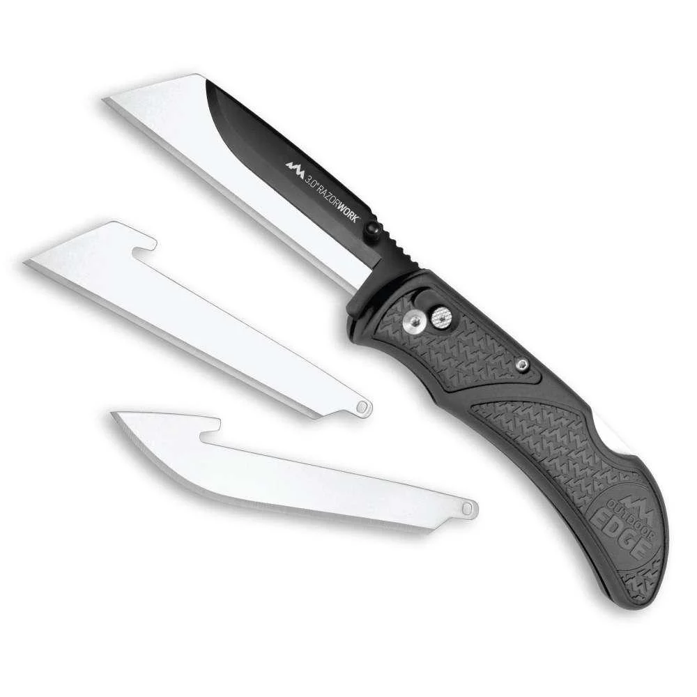 primary-53781 Outdoor Edge RazorWork Folding Knife, black open knife with three silver utility blades