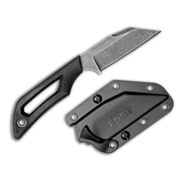 Outdoor Edge Pivot Fixed Knife black handle, silver Wharncliffe blade and black sheath