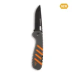 Outdoor Edge Razor HTX orange and black folding knife with blade open, top view