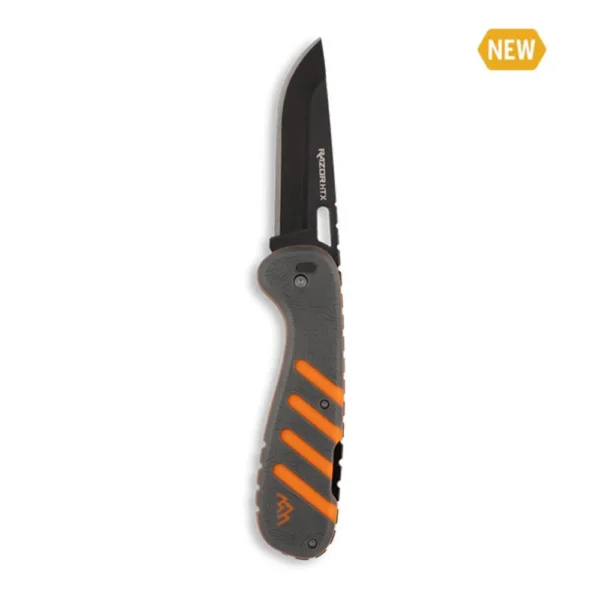 Outdoor Edge Razor HTX orange and black folding knife with blade open, top view