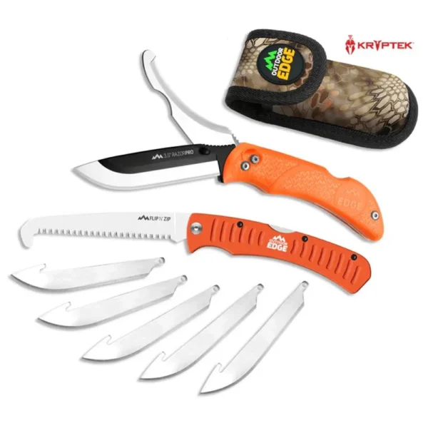 Outdoor Edge RazorPro G Saw Combo, orange folding knife and saw with sheath and spare blades