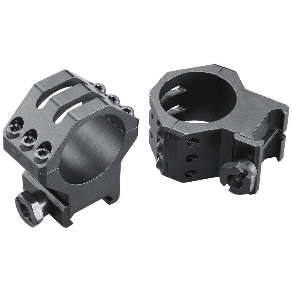 primary-53802 WEAVER TACT RING 6 HOLE LOW black scope rings, angled views showing six-hole caps and clamps