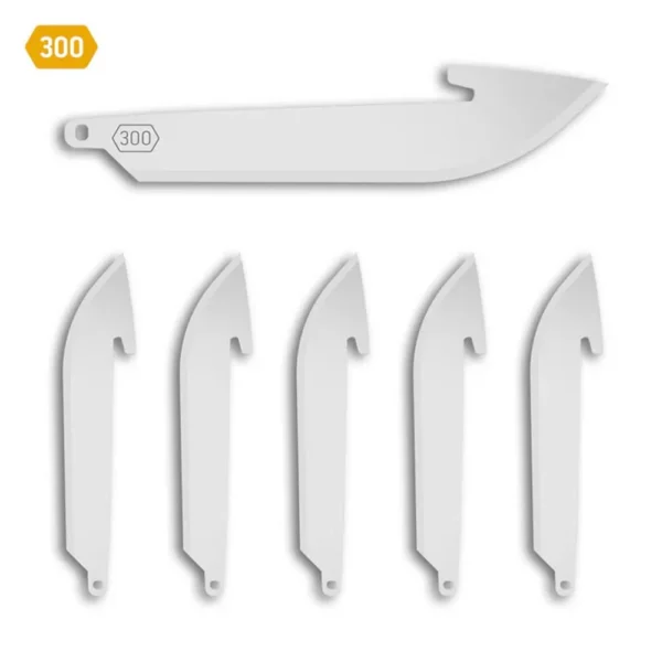 OD EDGE DROP-POINT 3.0 6 PACK, six silver hooked blades with smooth edges, side view