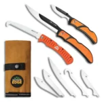 Outdoor Edge RazorGuide Pak, orange-handled knife kit with saw, spare blades and brown case
