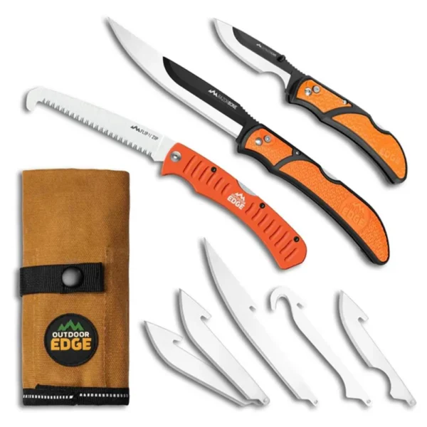 Outdoor Edge RazorGuide Pak, orange-handled knife kit with saw, spare blades and brown case