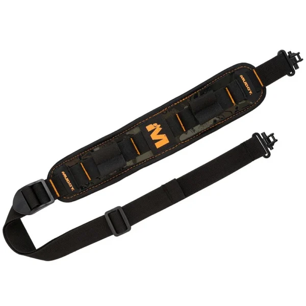 Gsm Muddy Summit Ridge rifle sling, Veil Canyon Grey, top view with black strap and swivels