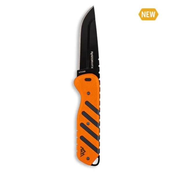 Outdoor Edge Razor HTX fixed knife, orange and black handle with black blade and lanyard loop