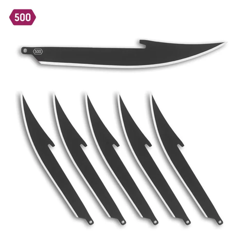 primary-53817 Outdoor Edge Boning/Fillet Blade Pack, six black replacement blades in side view