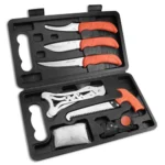 Outdoor Edge Jaeger Pak 8-piece game processing kit open in black case with orange-handled tools