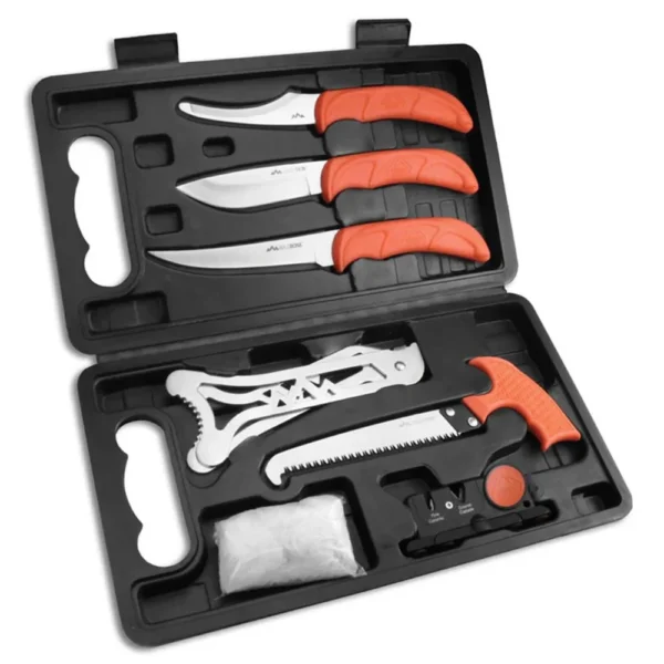 Outdoor Edge Jaeger Pak 8-piece game processing kit open in black case with orange-handled tools