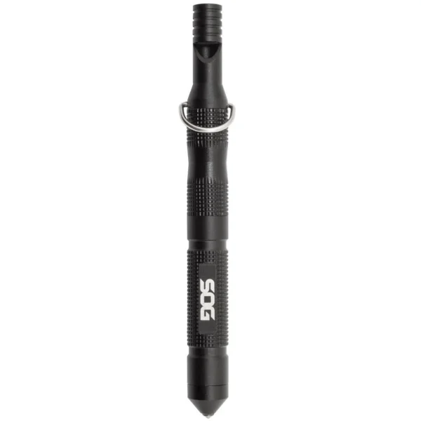 SOG Flint Multi-Tool, black vertical view with knurled body and pointed end