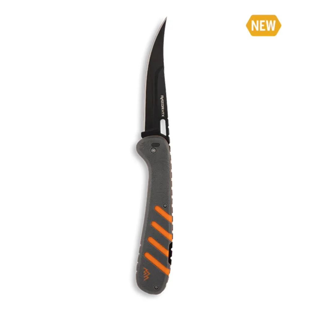 primary-53822 Outdoor Edge Razor HTX Folding Knife 5" Blades open side view with black blade and orange grip accents
