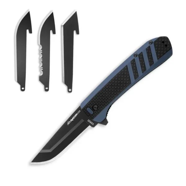 Outdoor Edge Razor VX4 folding knife open, blue and black handle with black blade and three spare blades