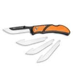 Outdoor Edge RazorEDC Lite orange folding knife, side view with open blade and replacement blades