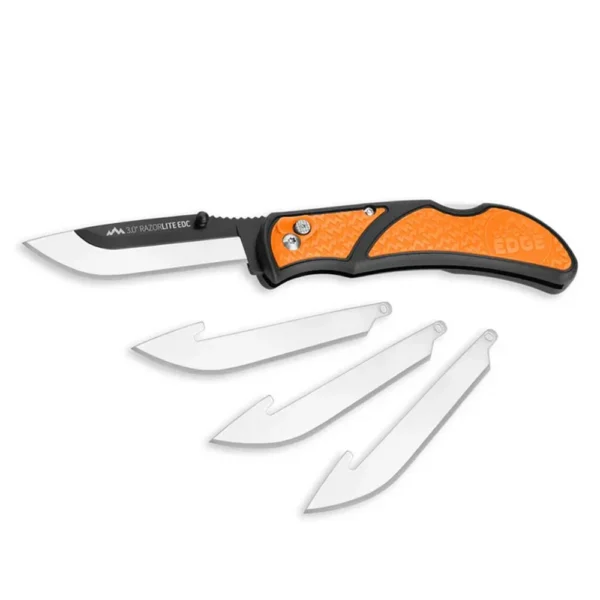 Outdoor Edge RazorEDC Lite orange folding knife, side view with open blade and replacement blades