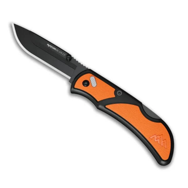 Outdoor Edge RazorEDC Lite orange folding knife, left side view with open black blade