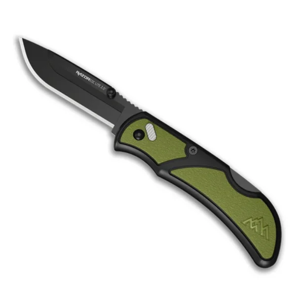 Outdoor Edge RazorEDC Lite green and black folding knife open with black drop point blade