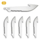 OD EDGE DROP-PT 3.0 SRTD BLADE 6PK, six silver hooked blades with serrated edges, side view
