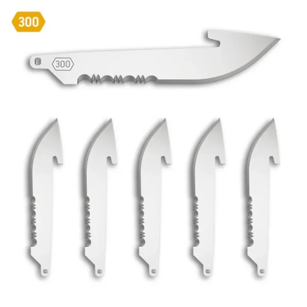 OD EDGE DROP-PT 3.0 SRTD BLADE 6PK, six silver hooked blades with serrated edges, side view