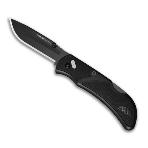 Outdoor Edge RazorEDC Lite, open black folding knife with drop-point blade and contoured handle