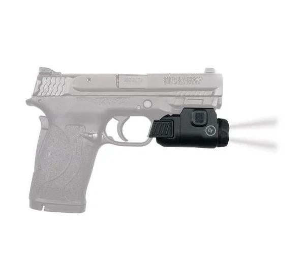 Crimson Trace Rail Master, black rail-mounted light on a gray handgun, right-side view