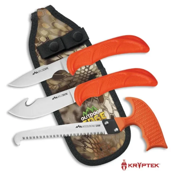Outdoor Edge WildGuide 3-Piece Field Dressing Combo, orange-handled knives, saw and camo sheath