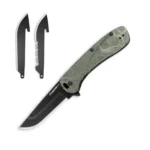 Outdoor Edge Razor VX1 green folding knife, open side view with black blade and two spare blades