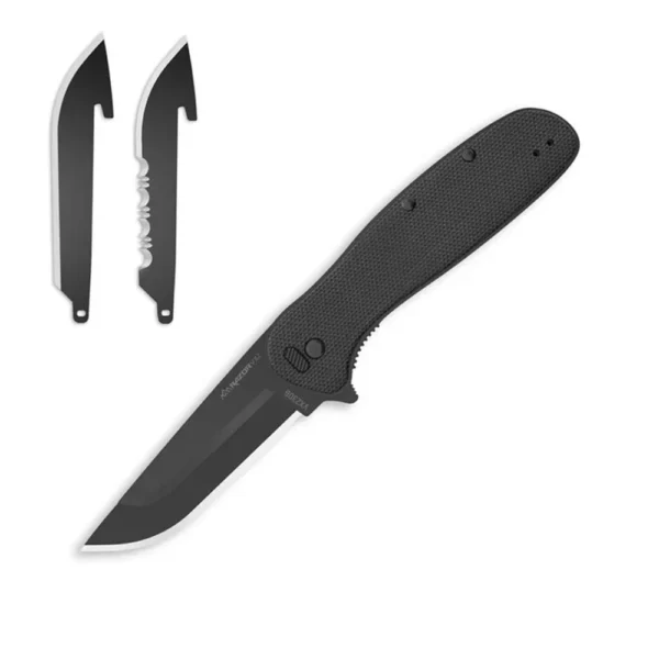 Outdoor Edge Razor VX2 black folding knife, open side view with black blade and two spare blades