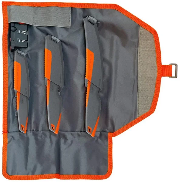 Outdoor Edge Vantex 4-Piece Roll Pack Knife Kit with 3 Blades open grey and orange knife roll