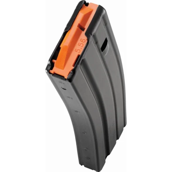 C Products Defense DuraMag Rifle Magazine, angled view of black curved body with orange follower