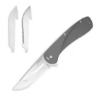 Outdoor Edge Razor VX1 Folding Knife 3 Drop Point Blade Grey open grey knife with two spare blades