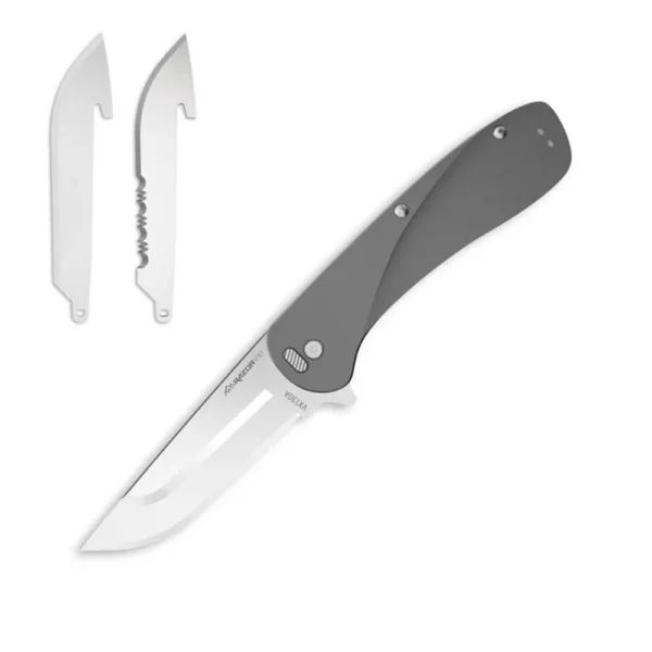 Outdoor Edge Razor VX1 Folding Knife 3 Drop Point Blade Grey open grey knife with two spare blades