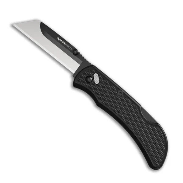 Outdoor Edge Razor-Work Knife black folding handle with blade open and utility blade visible
