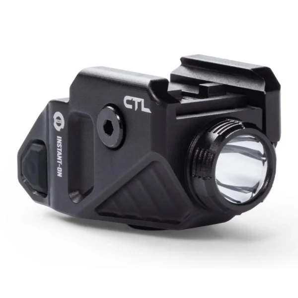 Viridian CTL Handgun Weapon Light, black angled front view with round lens and rail mount