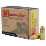 Hornady TAP FPD Handgun Ammunition with tan box and two brass cartridges, front view