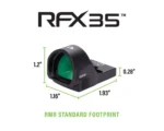 VIRIDIAN RFX-35, black angled front view with green-tinted lens and footprint diagram