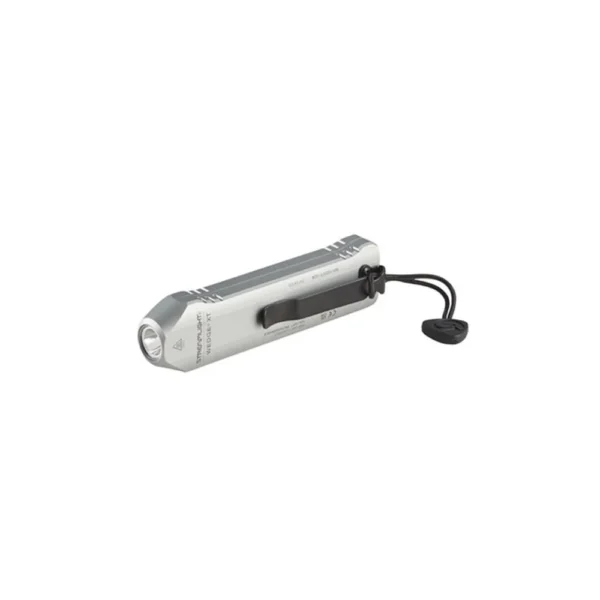 Streamlight Wedge XT Everyday Carry Flashlight, silver angled view with black pocket clip and lanyard