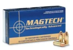 MagTech Handgun Ammunition, blue box angled front view with several brass cartridges