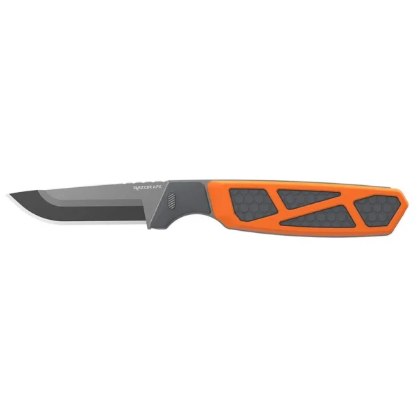 Outdoor Edge Razor Apx orange fixed knife, left side view with black drop point blade
