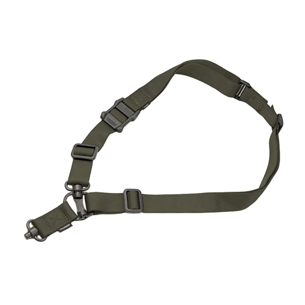 primary-53910 MAGPUL MS4 DUAL QD SLING GEN2 RGR green, laid out with adjusters and metal attachment points