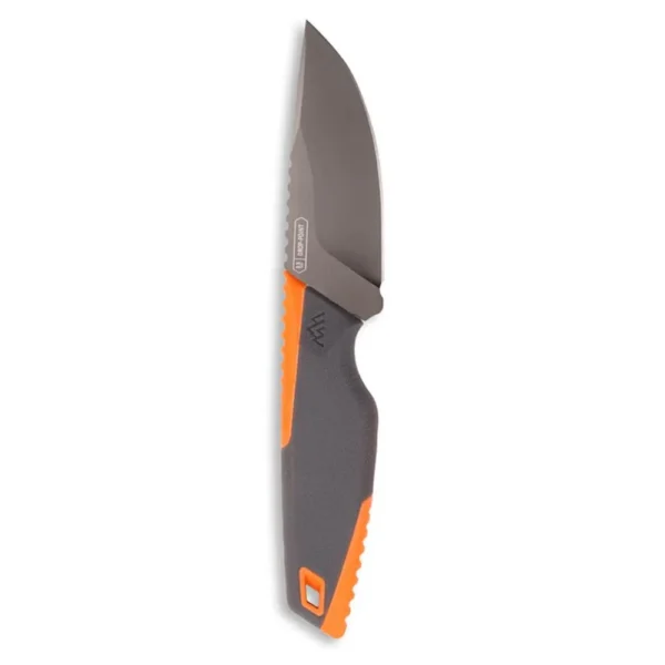 Outdoor Edge Vantex Fixed Knife, side view with grey drop point blade and grey-orange handle