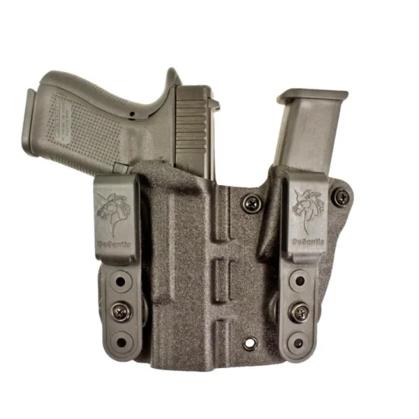 DeSantis Hidden Truth Appendix Holster with Mag Pouch for Glock 19 Black RH, front view with pistol