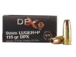 CORBON DPX black ammunition box with two brass cartridges, front view