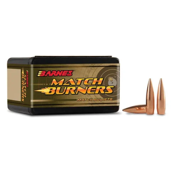 BARNES MTCH BRN bullets, black and gold Match Burners box with two copper bullets beside it